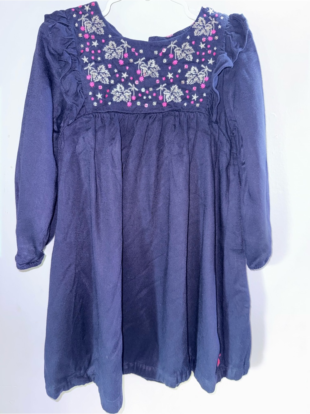 Joules Navy Long-Sleeve Embroidered Yoke Dress with Pink Accents